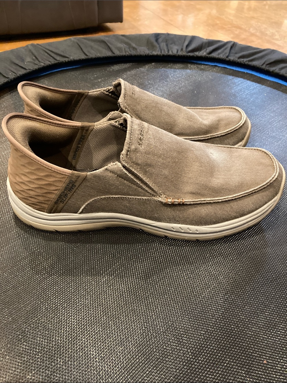 Skechers Men’s Slip-On Boat Shoes in Taupe Brown. Air cooled, memory foam.